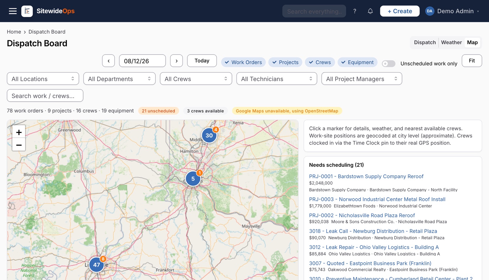 SitewideOps dispatch map plotting work orders, projects, and crews across a regional map, with an unscheduled-work backlog alongside.